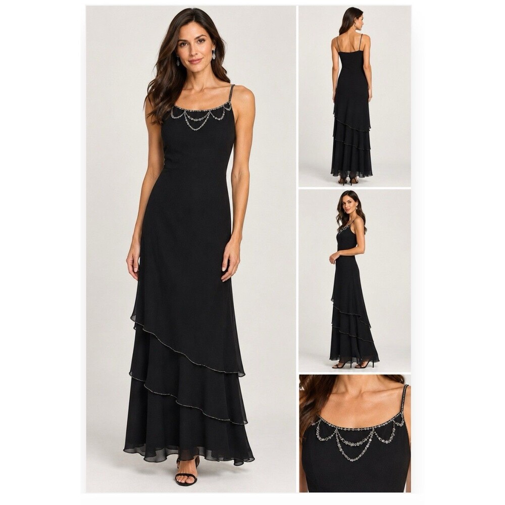 Women’s Black Sequin Tiered Low-scoop Back Gown Sz 3/4